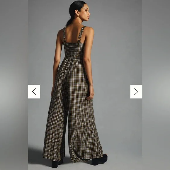 By Anthropologie Embroidered Plaid Jumpsuit Size 0 - Picture 3 of 12